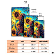 Artistic bohemian area rug displaying a woman portrait with indigo hair and golden sunflowers. - thumbnail image 2 of 8
