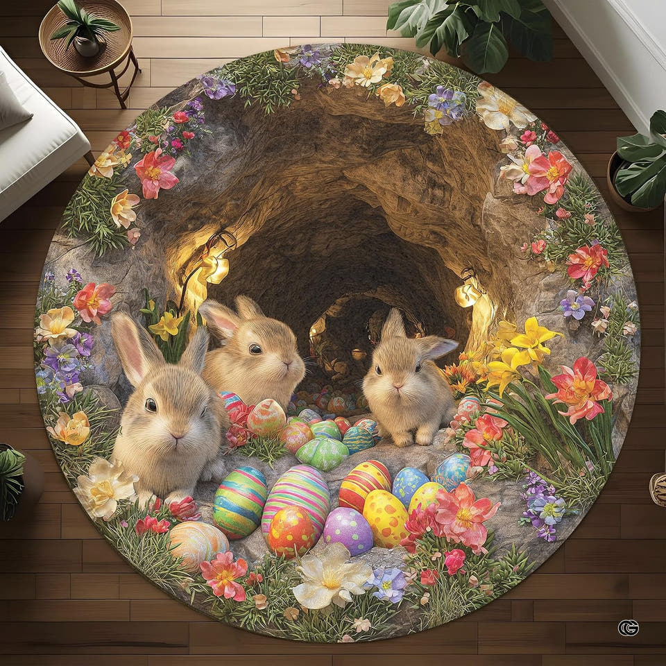 Round Easter bunny burrow illusion area rug on wood floor with painted eggs