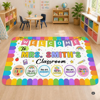 Personalized Teacher Classroom Rug, Custom Back to School Welcome Mat with Name, Kindergarten Preschool Elementary Decor, Composition Notebook Carpet (A03)