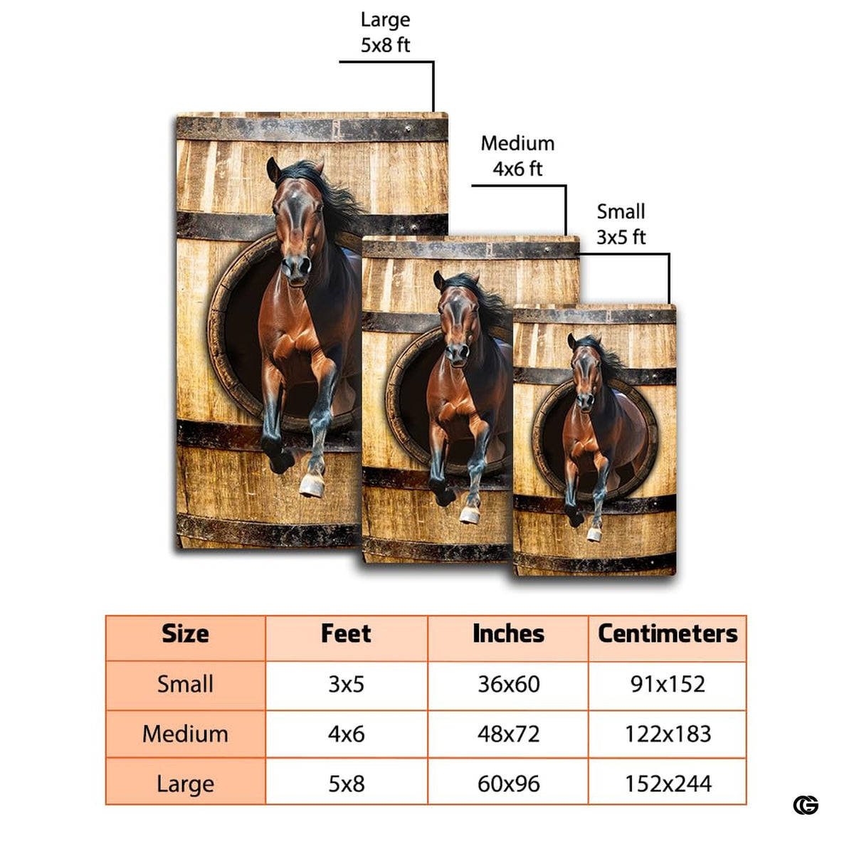 Dimensions and sizing options chart for 3D leaping horse rustic barrel living room area rug