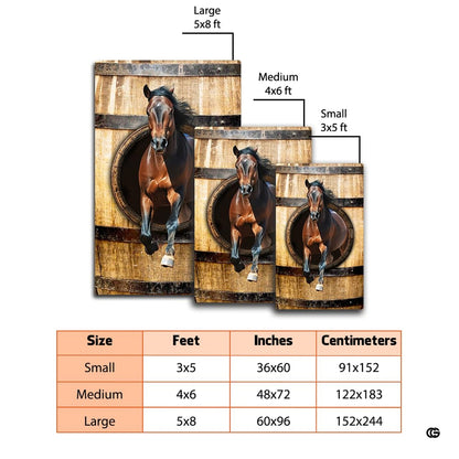 Dimensions and sizing options chart for 3D leaping horse rustic barrel living room area rug - thumbnail image 2 of 7