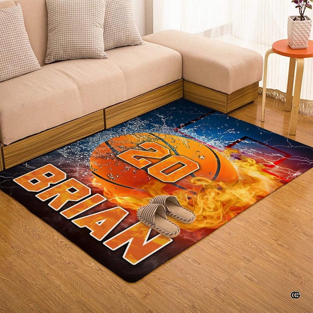 Top-down overhead view of rectangular fire and ice basketball living room area rug - image 7 of 7