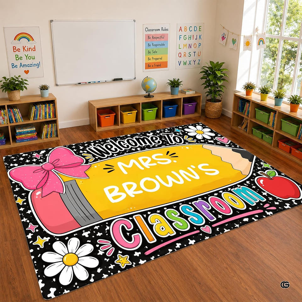 Yellow pencil area rug decorated by a pink ribbon bow placed in a sunny school room