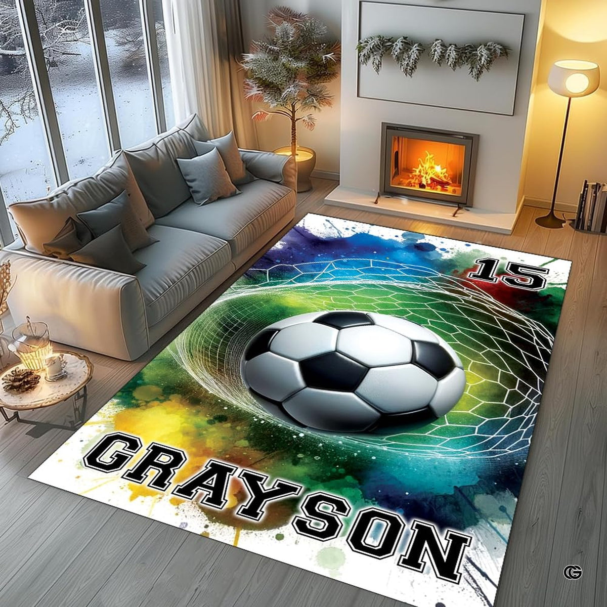 Close-up visual of soccer ball and colorful green teal splatter on area rug