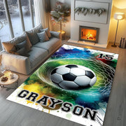 Close-up visual of soccer ball and colorful green teal splatter on area rug - thumbnail image 5 of 8