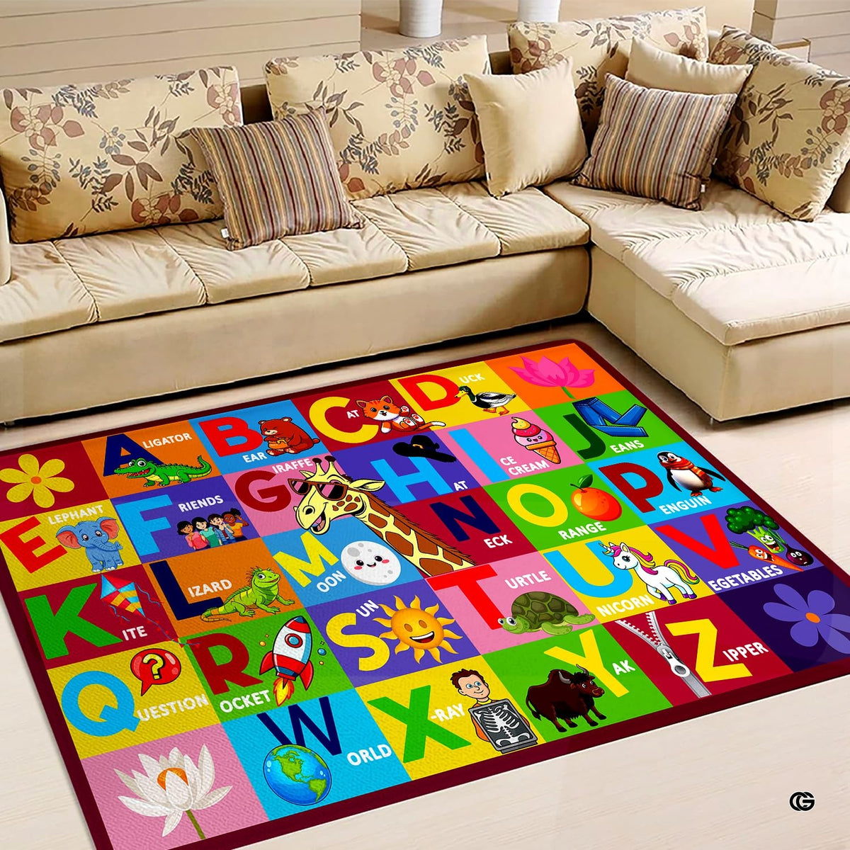 Room setting view displaying alphabet learning rug anchoring a cheerful, brightly colored play space. - image 9 of 9