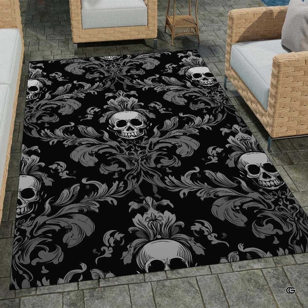 Overhead layout view displaying the repeating gothic damask skull pattern and ornate flourishes - image 2 of 8