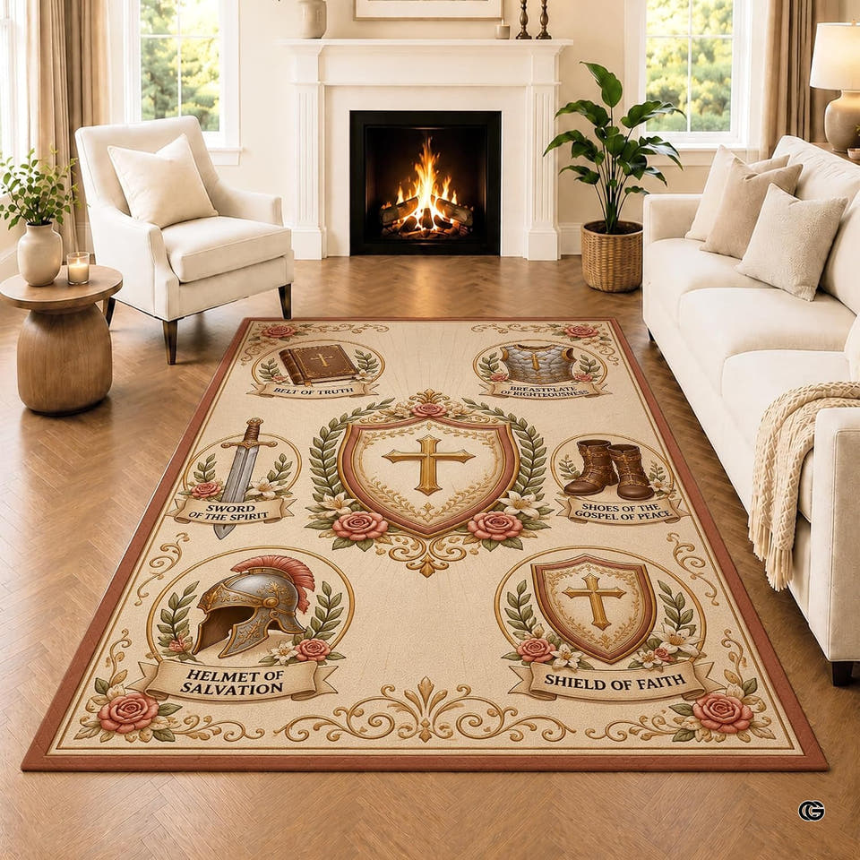 Biblical heraldic emblem area rug on a parquet floor in a bright living room