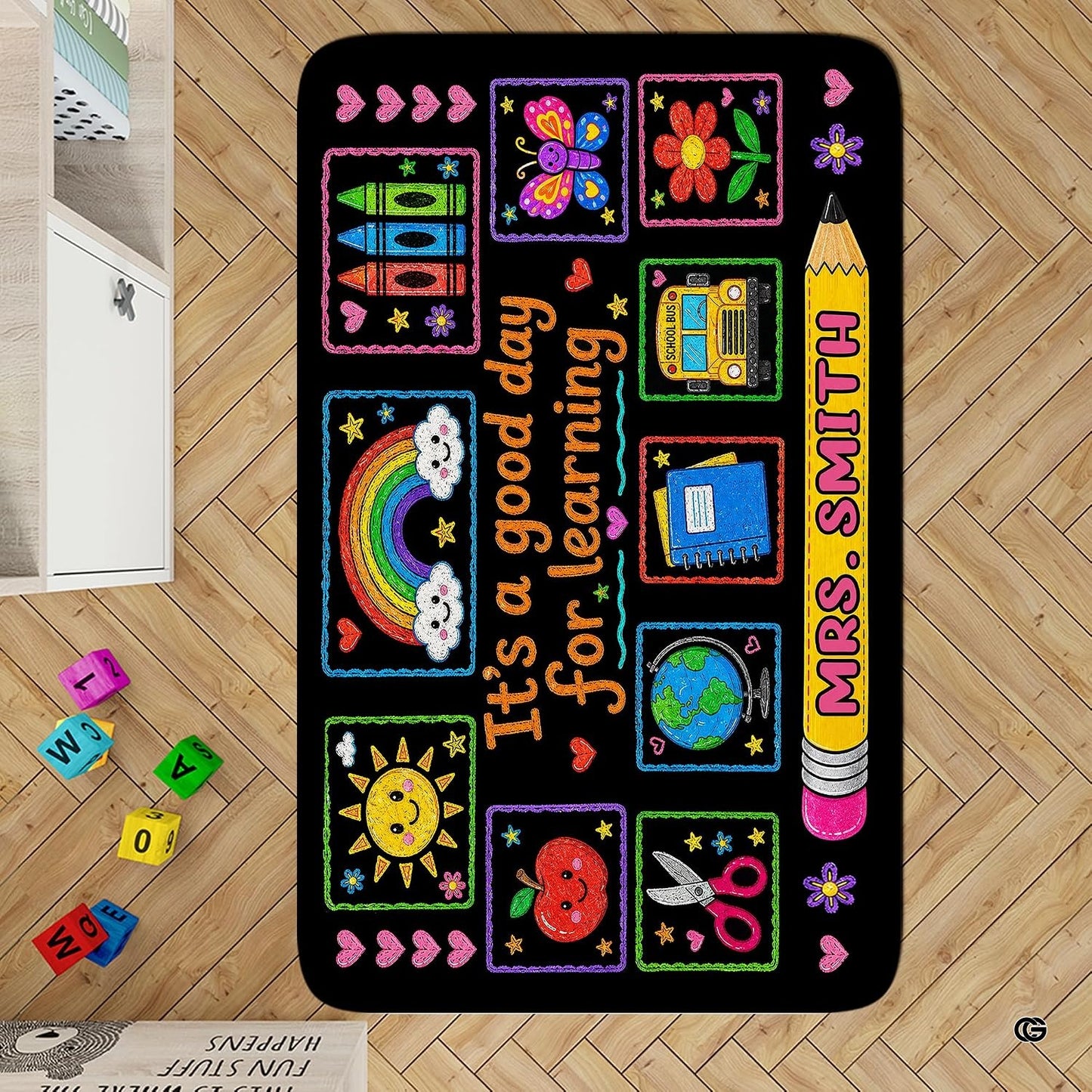 Personalized Teacher Classroom Rug, Custom Back to School Welcome Mat with Name, Kindergarten Preschool Elementary Decor, Composition Notebook Carpet (A05)