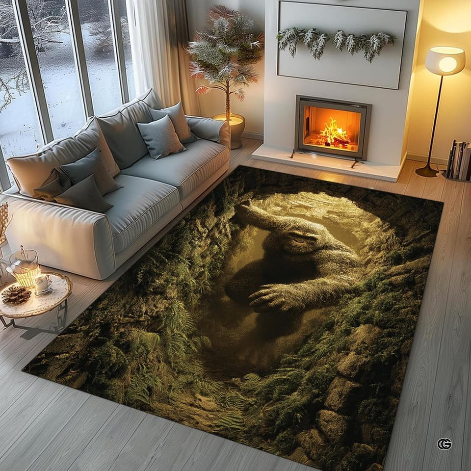 Bigfoot rug with shaggy creature reaching from a mossy cave