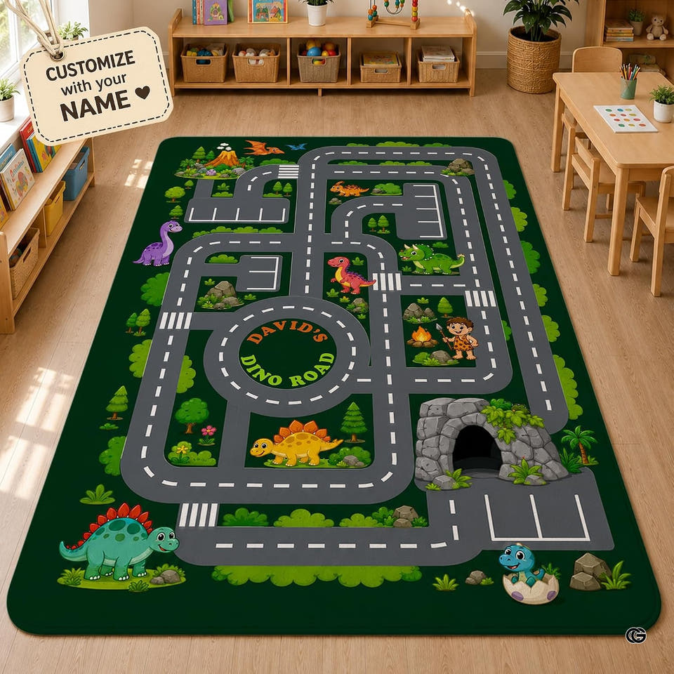 Rectangular green dinosaur driving circuit area rug displayed on wood flooring in a playroom