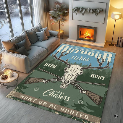 Angled perspective of rustic hunting lodge area rug showing sage green and decorative accent wood brown tones. - thumbnail image 5 of 7