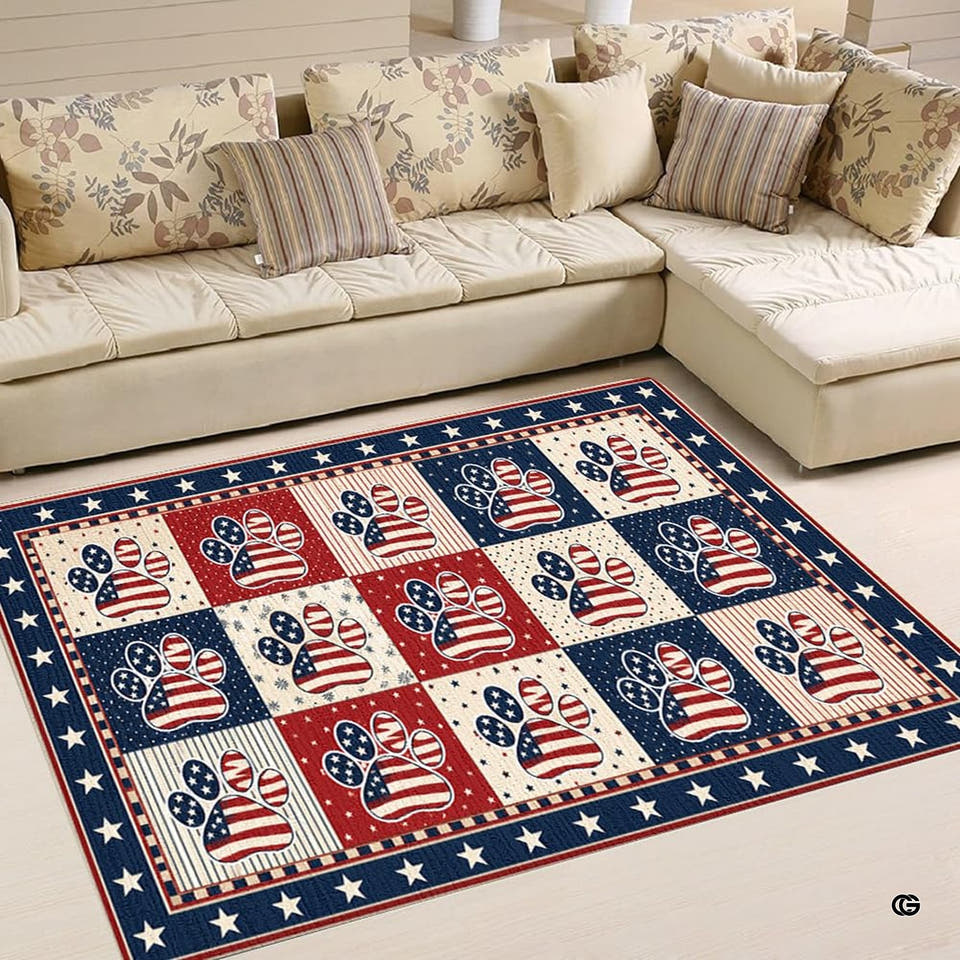 Patriotic dog paw rug featuring stars and stripes patchwork grid pattern with navy star frame