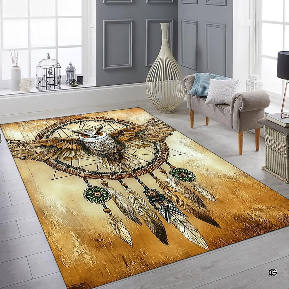 Full room perspective showcasing the barn owl boho dream catcher rug as a central art piece. - image 8 of 8