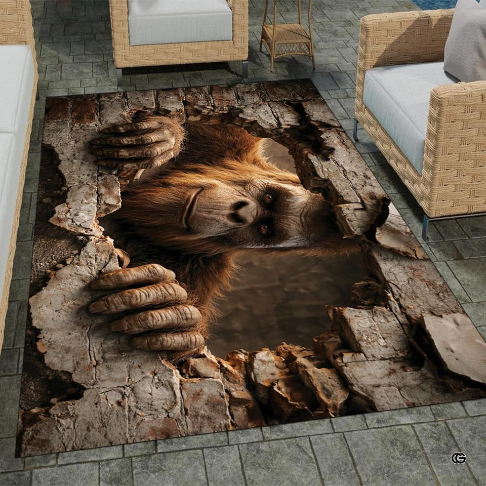 Bigfoot rug with shaggy creature breaking through a wall