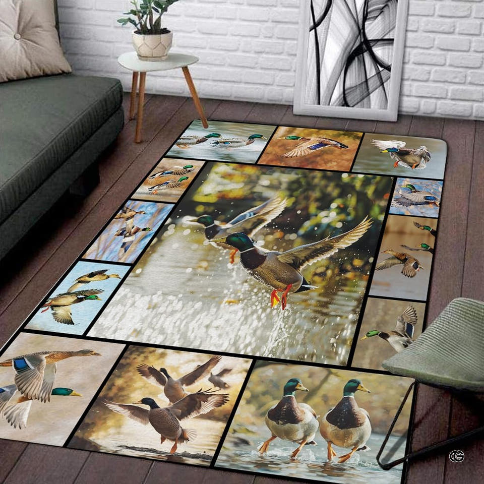 Mallard drake in flight marsh living room area rug with waterfowl border collage