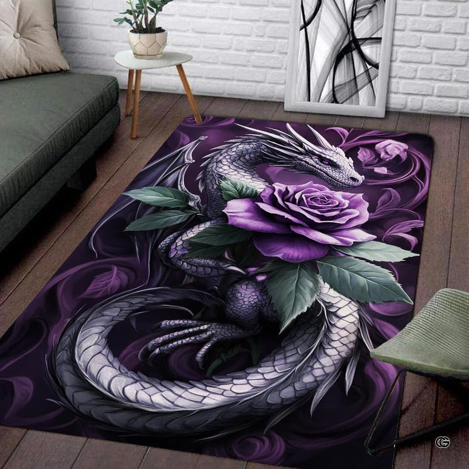 Living room corner setting showing the rectangular silver dragon and purple rose area rug on wood floor.