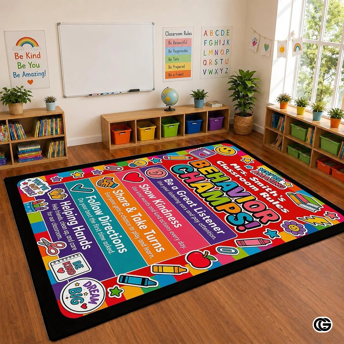 Personalized Teachers Classroom Rug with Custom Name - D6