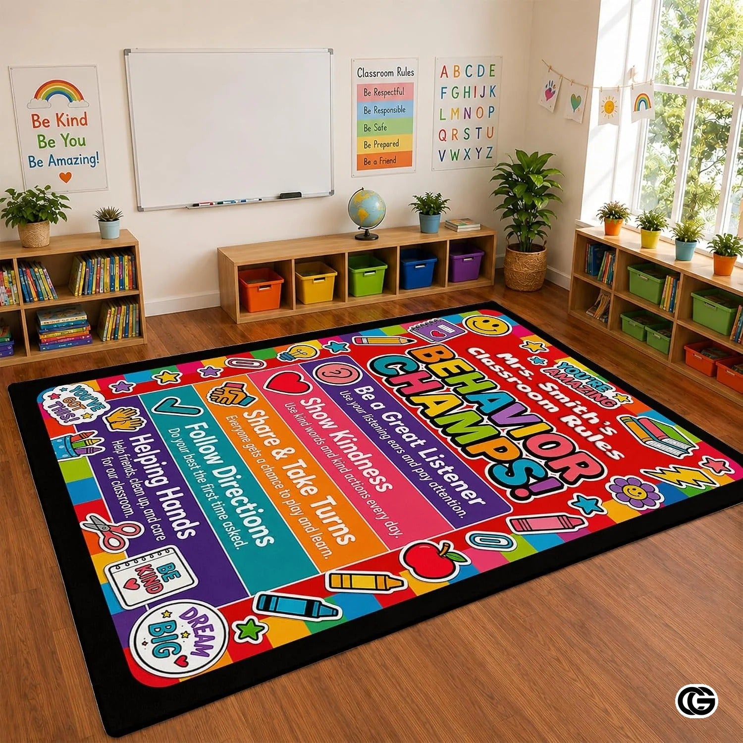 Personalized Teachers Classroom Rug with Custom Name - D6