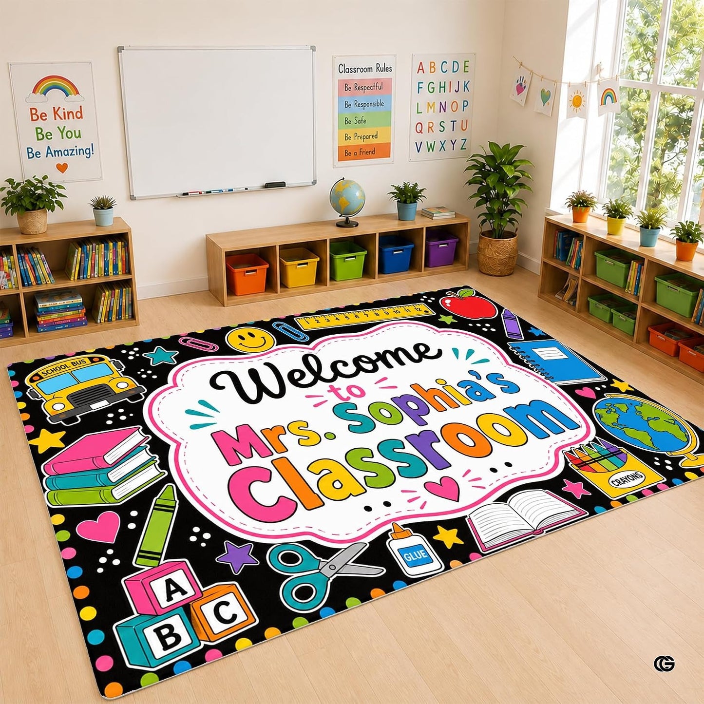 Personalized Teacher Classroom Rug, Custom Back to School Welcome Mat with Name, Kindergarten Preschool Elementary Decor, Composition Notebook Carpet (A07)