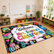 Personalized Teacher Classroom Rug, Custom Back to School Welcome Mat with Name, Kindergarten Preschool Elementary Decor, Composition Notebook Carpet (A07)