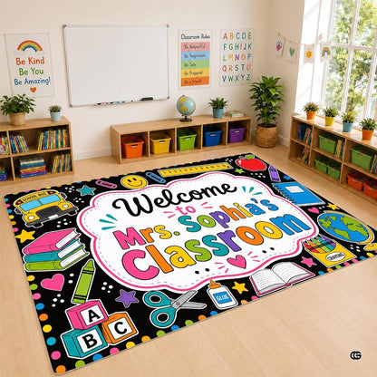 Personalized Teacher Classroom Rug, Custom Back to School Welcome Mat with Name, Kindergarten Preschool Elementary Decor, Composition Notebook Carpet (A07)