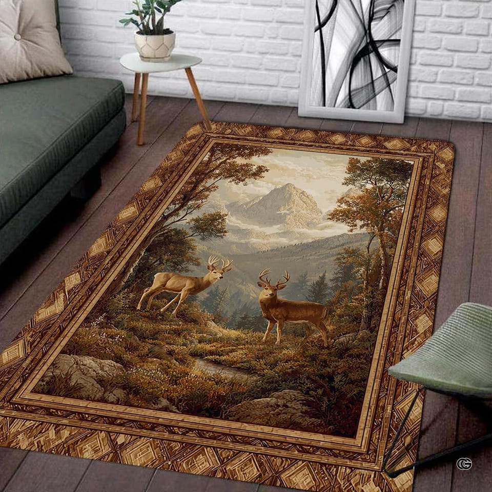 Rustic mountain landscape rug featuring stags before rugged alpine peaks and pine trees.