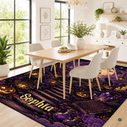 Personalized Witch Area Rug with Name - Custom Halloween Rug, Black Cat & Raven Floor Carpet, Spooky Gothic Home Decor, Non Slip Rugs (Style 6)