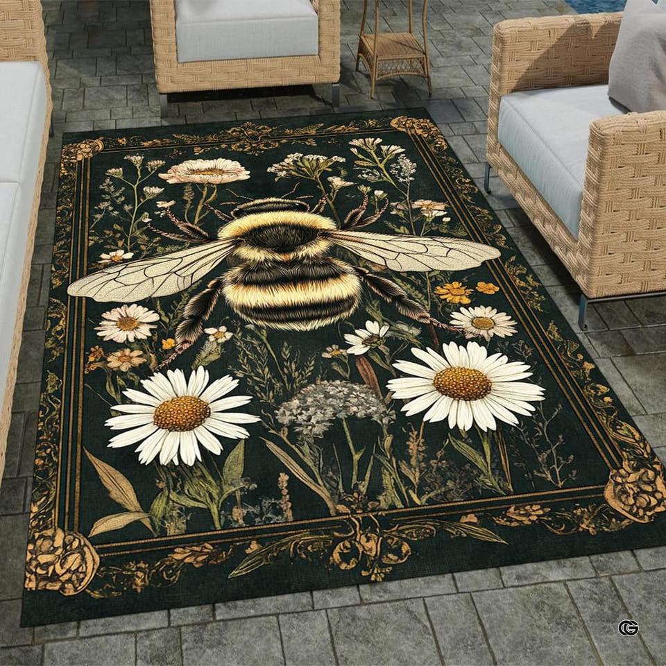 Vintage botanical honeybee area rug featuring blooming white daisies and ornate golden baroque borders.