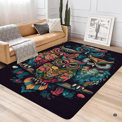 Anti-slip dot backing and clean hemmed edge stitching on boho multicolor owl rug - thumbnail image 4 of 8