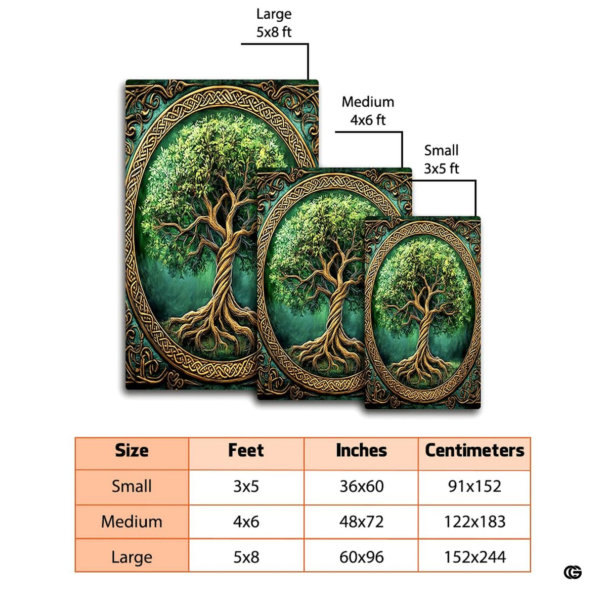 Dimensions and sizing chart for Celtic Tree of Life living room area rug - image 2 of 8