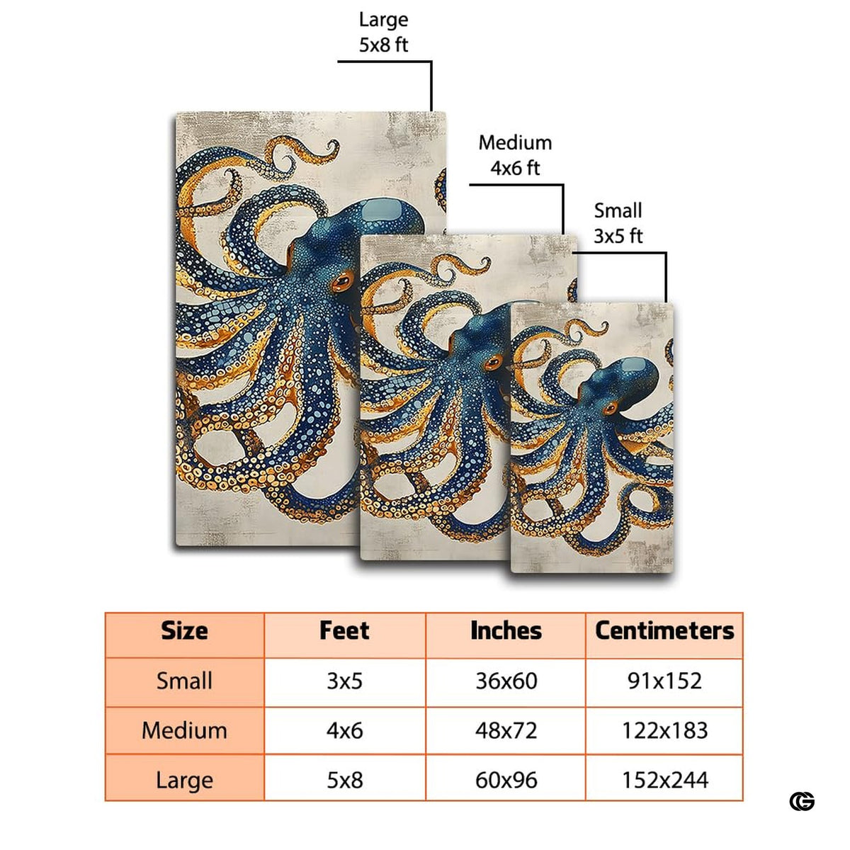 Blue and gold kraken octopus tentacles illustration on decorative floor rug.
