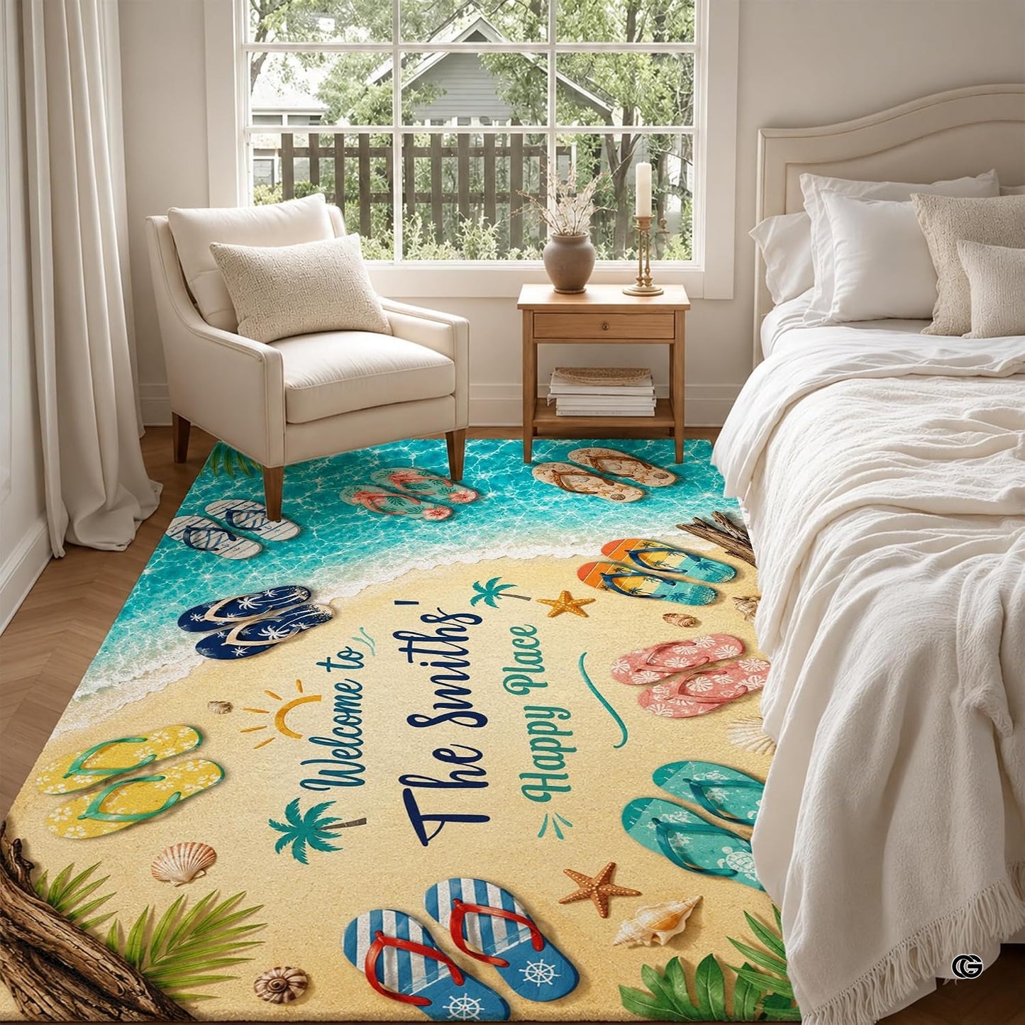 Personalized Tropical Beach Rug, Custom Family Name Tropical Outdoor Rug, Flamingo Surfboard Ocean Area Rug for Living Room, Patio, Beach House Decor, Design 01