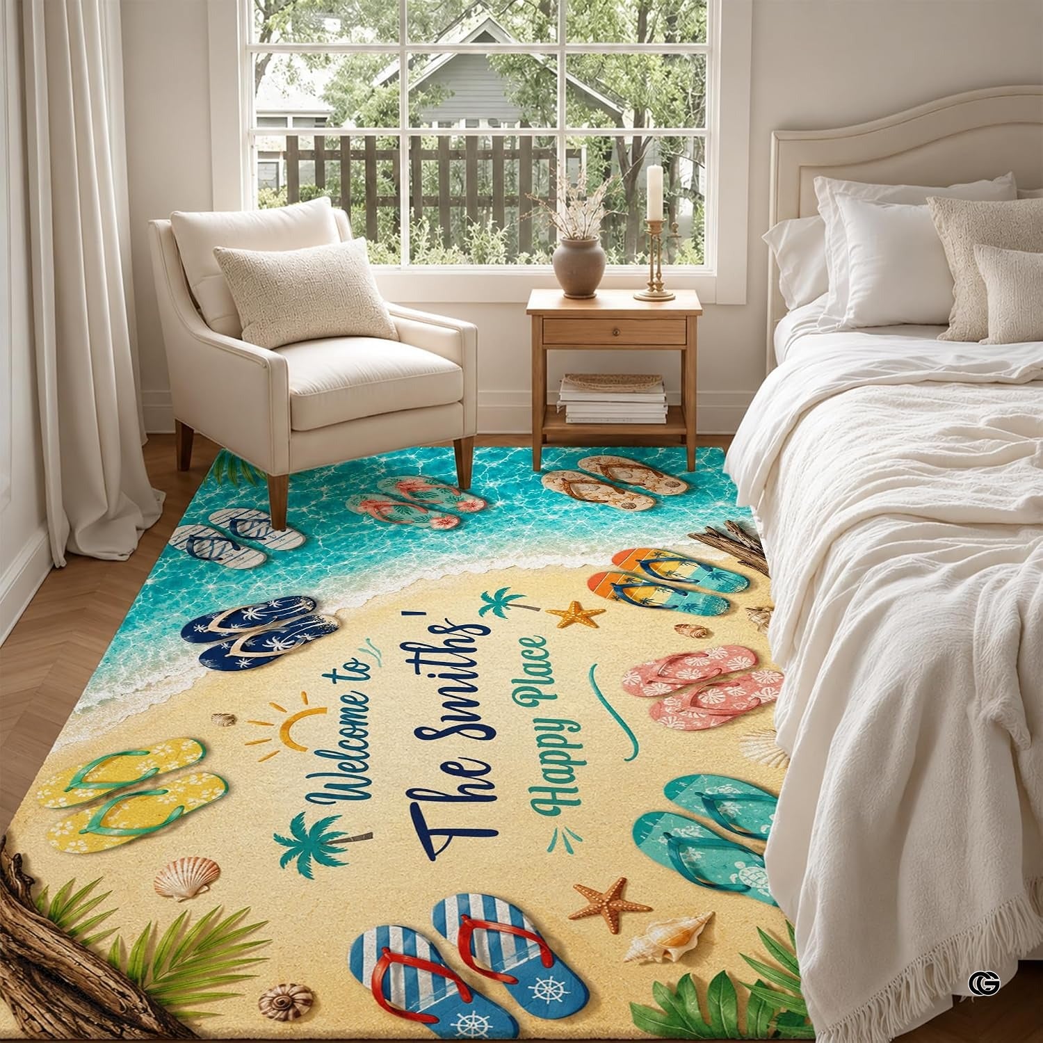 Personalized Tropical Beach Rug, Custom Family Name Tropical Outdoor Rug, Flamingo Surfboard Ocean Area Rug for Living Room, Patio, Beach House Decor, Design 01