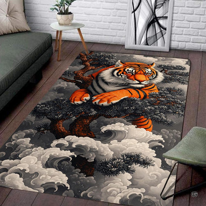 Japanese pine tree tiger waves living room area rug in front of a modern couch - thumbnail image 1 of 8