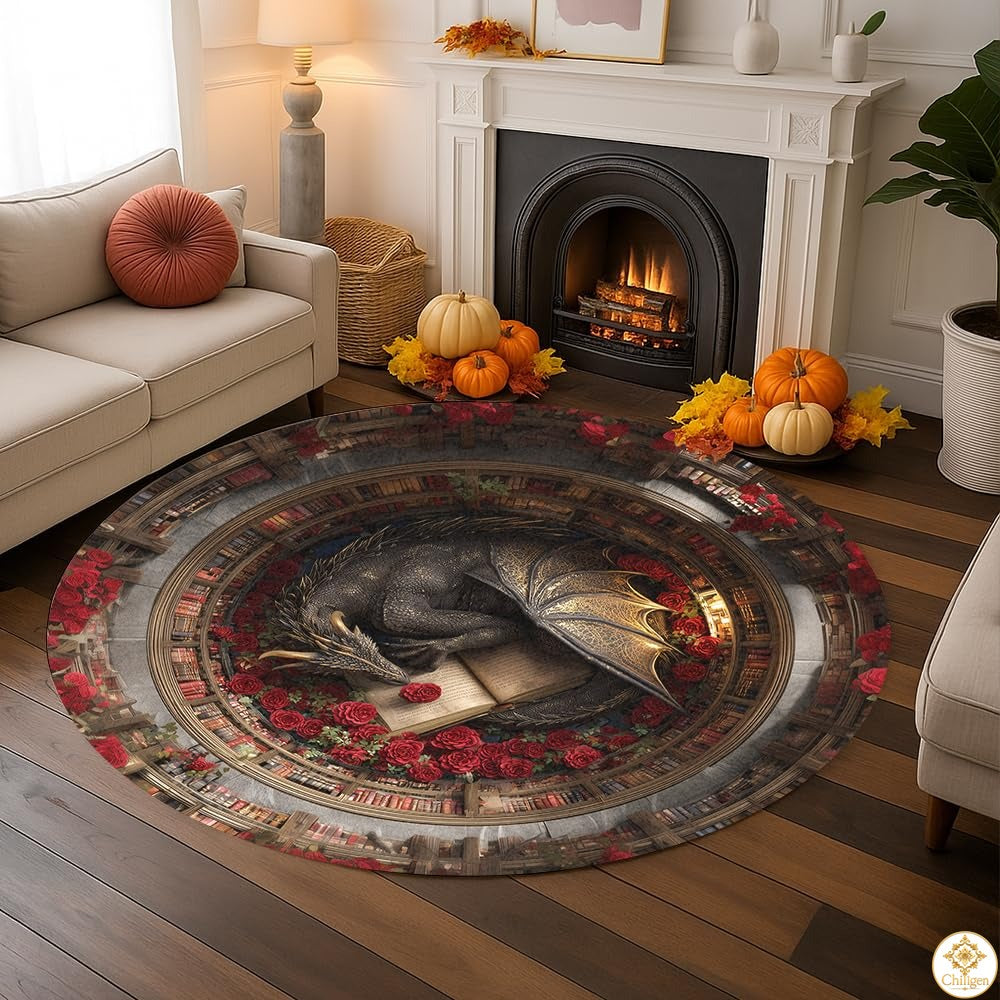 Personalized Dragon Welcome Mat with 3D Effect and Library Art