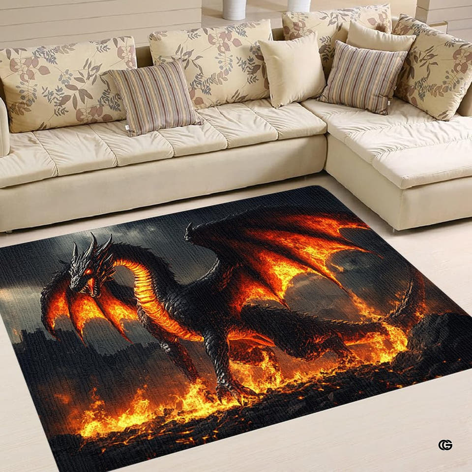 Fiery winged dragon area rug with molten lava underbelly and glowing embers in a modern room