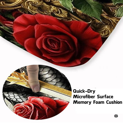 Close up illustration detail of the jeweled golden sword and dragon eyes on a dark gothic area rug. - thumbnail image 3 of 8