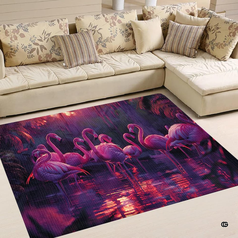 Living room display of a rectangular twilight sunset flamingos lagoon area rug before a sectional sofa.