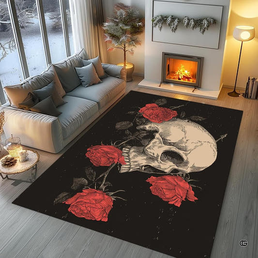 Living room fireplace scene displaying the vintage engraved skull area rug framed by blooming crimson red roses