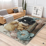 Cute golden and black baby dragons sitting on an antique leather book surrounded by soft pastel peonies area rug. - thumbnail image 3 of 5
