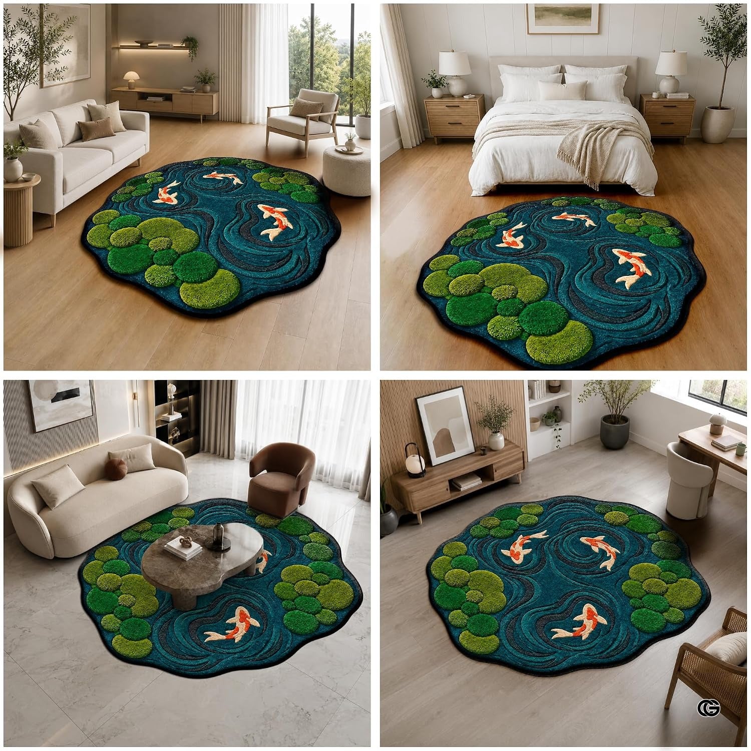 Custom Japanese Koi Fish Shaped Area Rug, Personalized 3D Optical Illusion Koi Pond Lotus Non Slip Washable Shaped Floor Mat, Fish Pond Rugs for Bedroom Living Room Decor (1, D8)