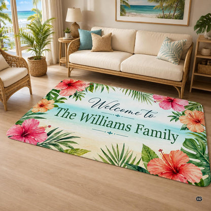 Personalized Tropical Beach Rug, Custom Family Name Tropical Outdoor Rug, Flamingo Surfboard Ocean Area Rug for Living Room, Patio, Beach House Decor, Design 07