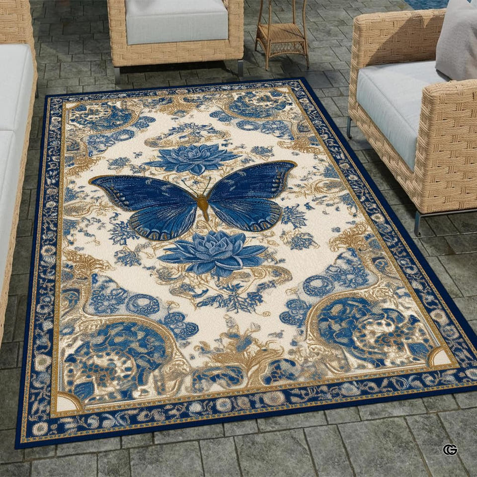 Ornate royal blue butterfly rug with baroque scrollwork and golden filigree borders.