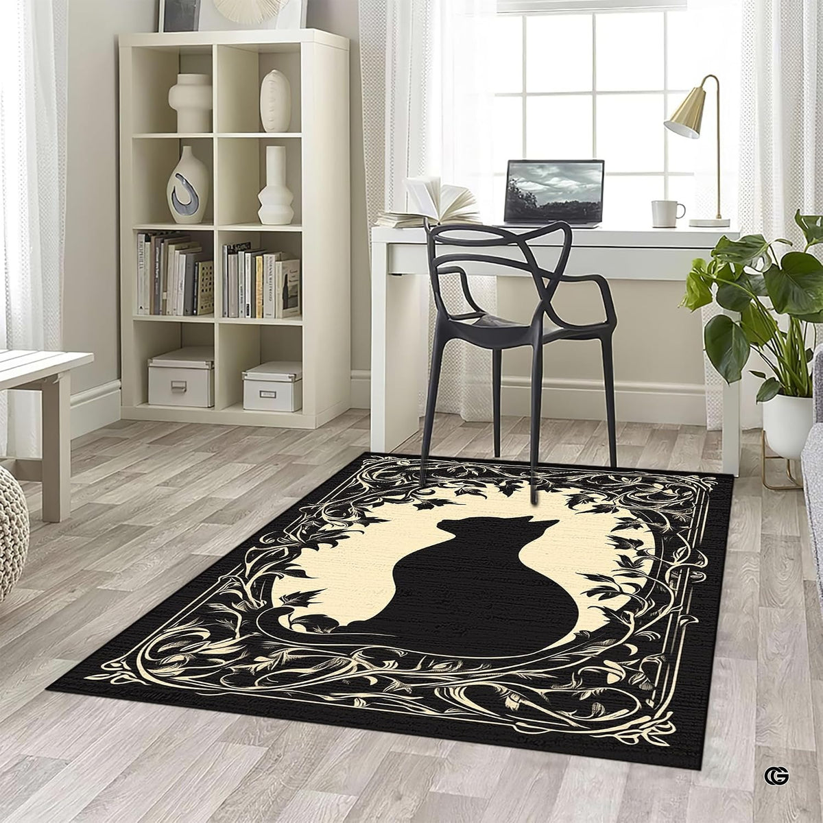 Stylized black panther area rug design displayed in decorative accent reading nook setting. - image 5 of 5