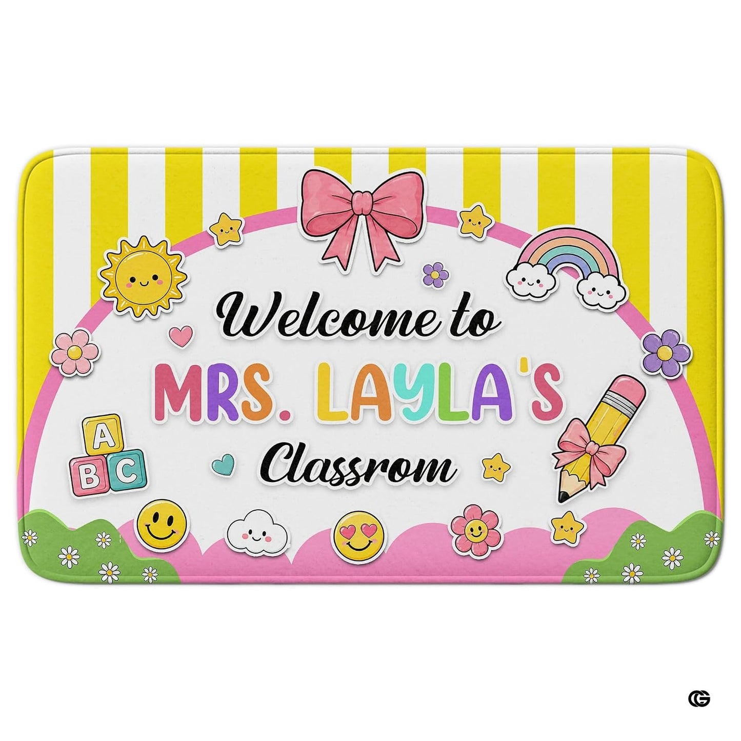 Personalized Teacher Classroom Rug, Custom Back to School Welcome Mat with Name, Kindergarten Preschool Elementary Decor, Composition Notebook Carpet (A02)