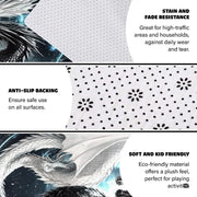 Infographic showing the non-skid dot backing and edge stitching of the Yin Yang dragon rug - thumbnail image 4 of 8
