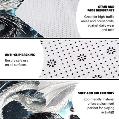 Infographic showing the non-skid dot backing and edge stitching of the Yin Yang dragon rug - thumbnail image 4 of 8