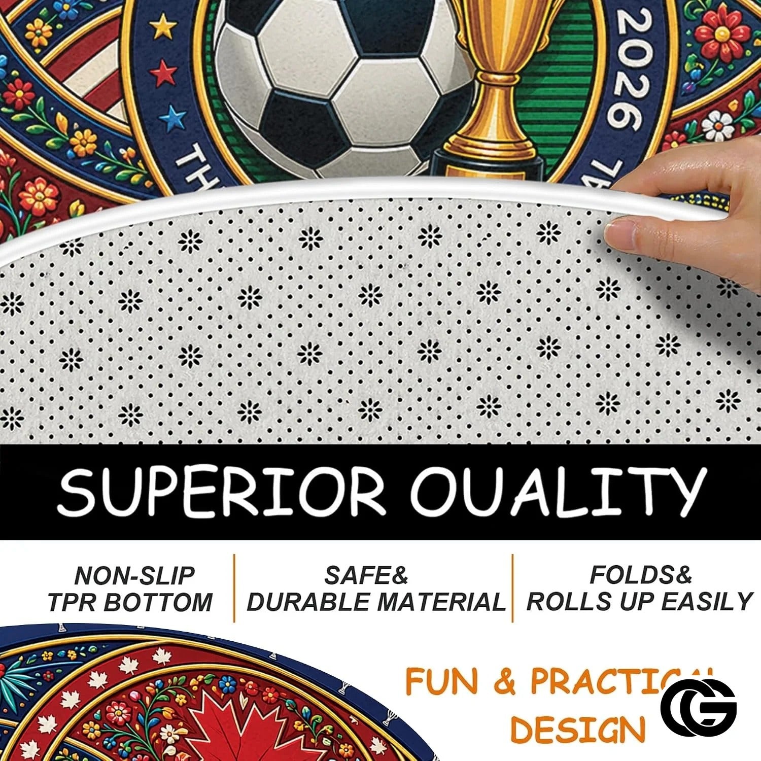 Custom Soccer 2026 Round Rug with Trophy and Flag Design