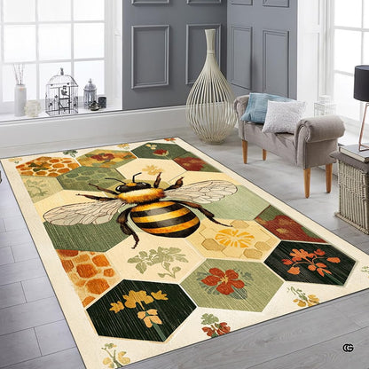 Overhead layout view of the rectangular honeycomb hexagon botanical bee area rug - thumbnail image 7 of 8